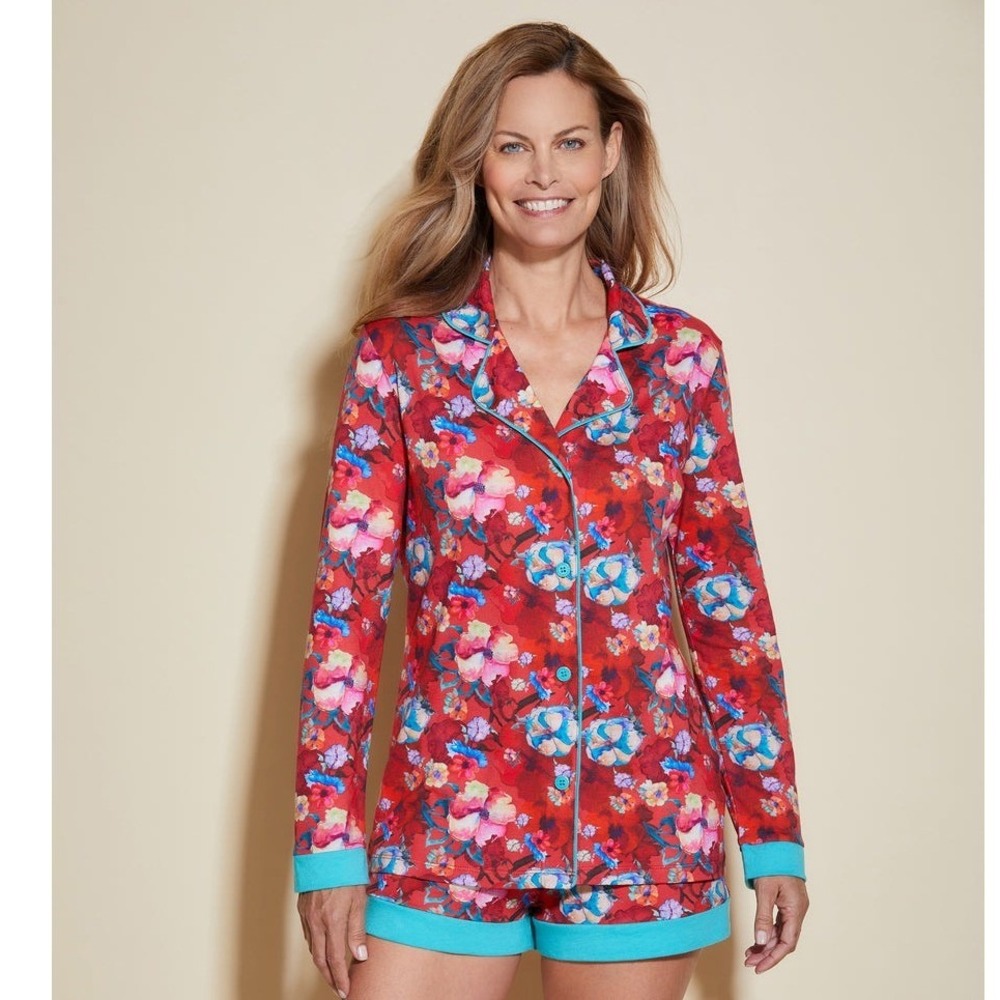Cosabella Bella Printed Long Sleeve Top Boxer Pajama Set Red Floral S